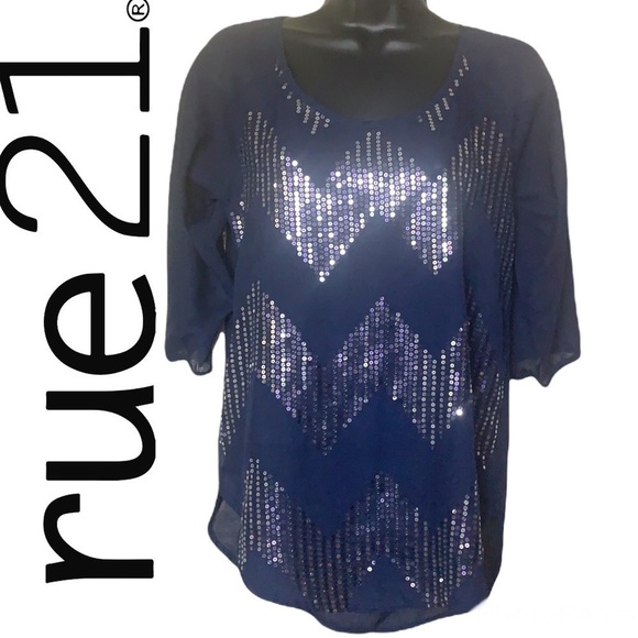 Rue 21 Navy Blue 3/4 Sleeve Sequinned Sheer Blouse Size XS - Picture 1 of 13